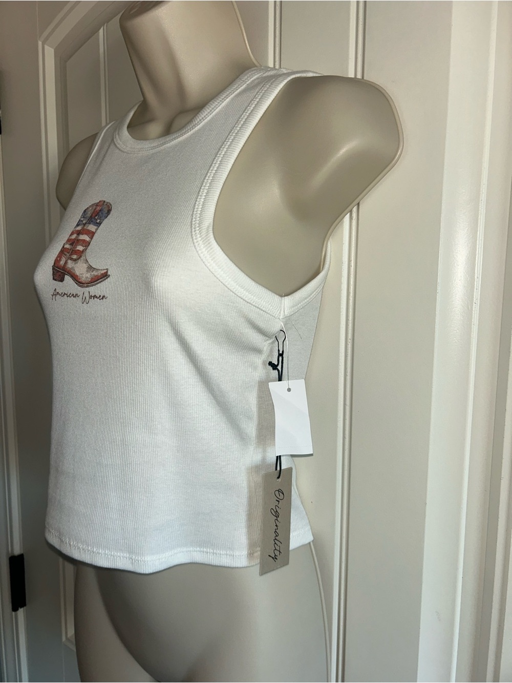 NWT Originality White Ribbed Tank Top with Cowboy Boot Sz S State Fair Rodeo - Picture 3 of 7